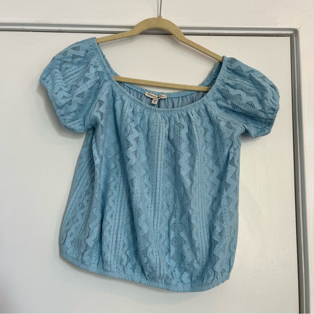 Express Blue Puff Sleeve Lace Crop Top size large stretch NWT short sleeve